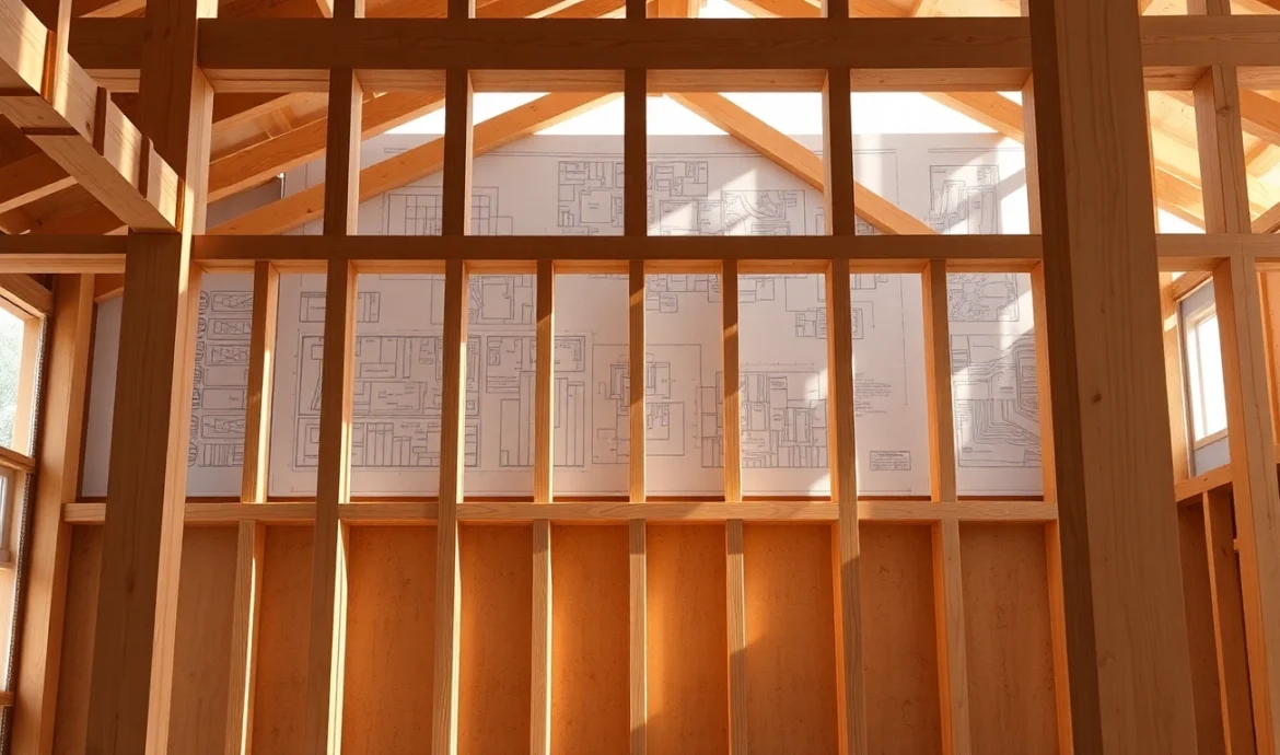 High-quality framing in construction showcasing precise woodwork and supporting structure; skilled craftsmanship highlighted for industry expertise.
