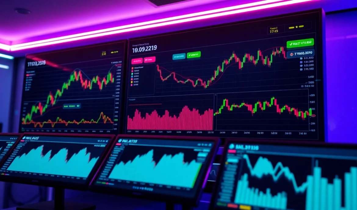 A vibrant scene of the aicoin官网 platform showcasing real-time crypto market analysis on multiple devices with secure trading features, highlighting advanced charting tools and alerts.