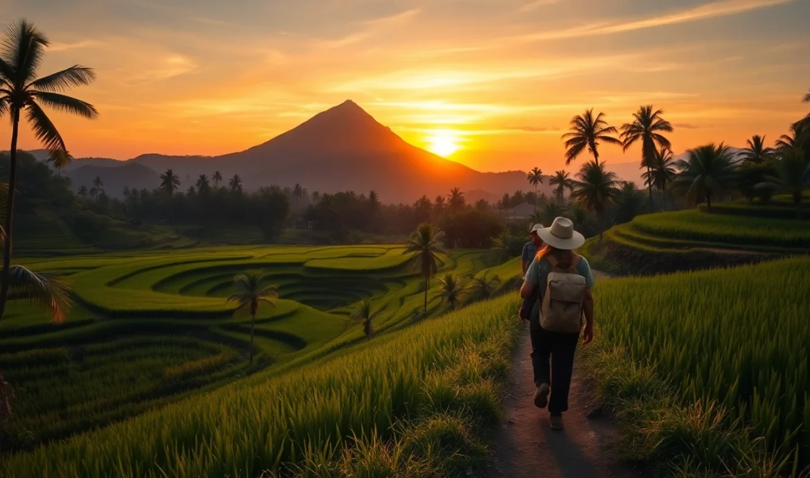 Lombok guide leading tourists through scenic rice terraces, showcasing natural beauty and local culture.