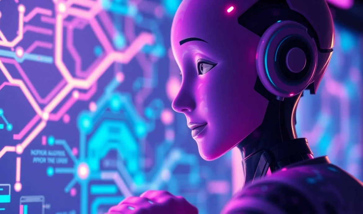 Futuristic AI interface with a user engaging with an AI character on a vibrant digital screen, neon colors and high-tech environment.