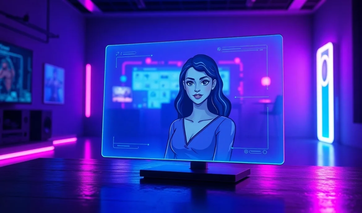 Futuristic AI interface with a digital avatar in a neon-lit room, emphasizing advanced technology and immersive interaction.