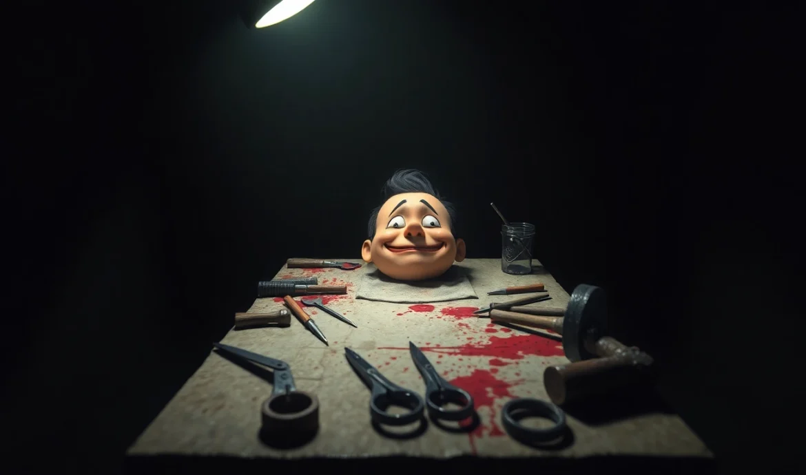 A disturbing scene of Harvey, a cheerful character, in a dark room with tools like hammers and needles, reflecting a sinister atmosphere.