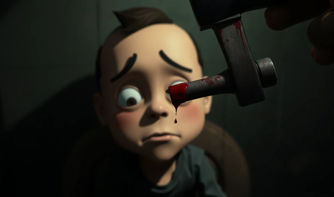 A disturbing scene of Harvey with a fearful expression, holding a bloody hammer in a dark, tense setting.