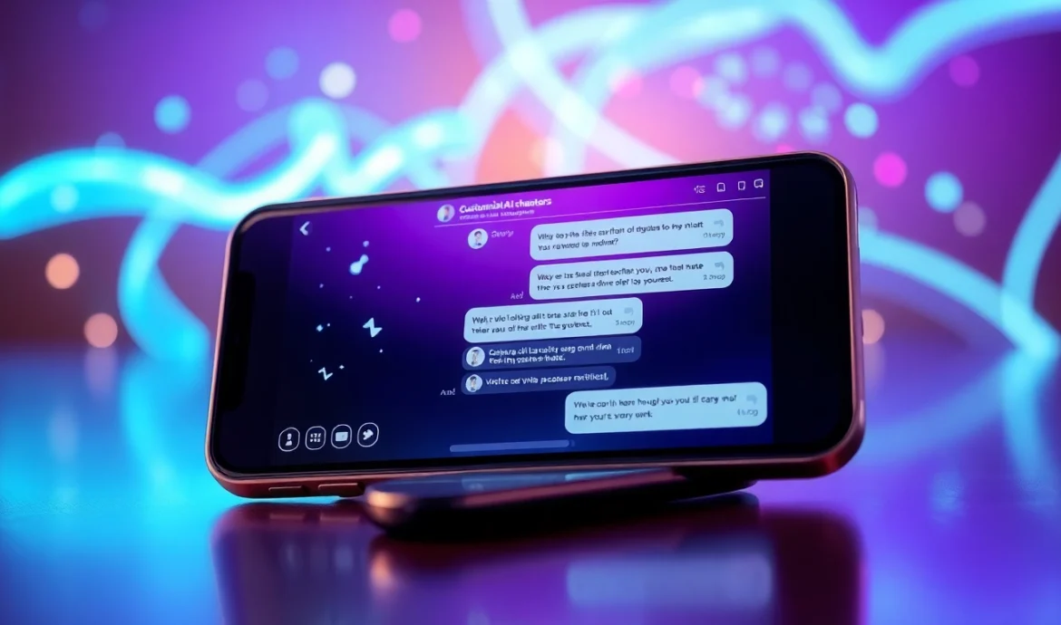 Futuristic AI chatbot interface with customizable characters on a modern device screen, glowing neon background.
