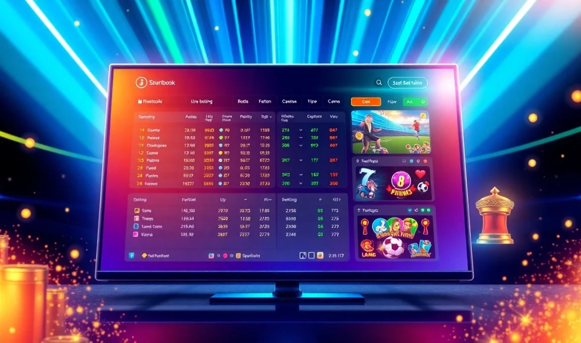 Digital illustration of an online sportsbook and casino platform with vibrant neon lights and dynamic betting screens.
