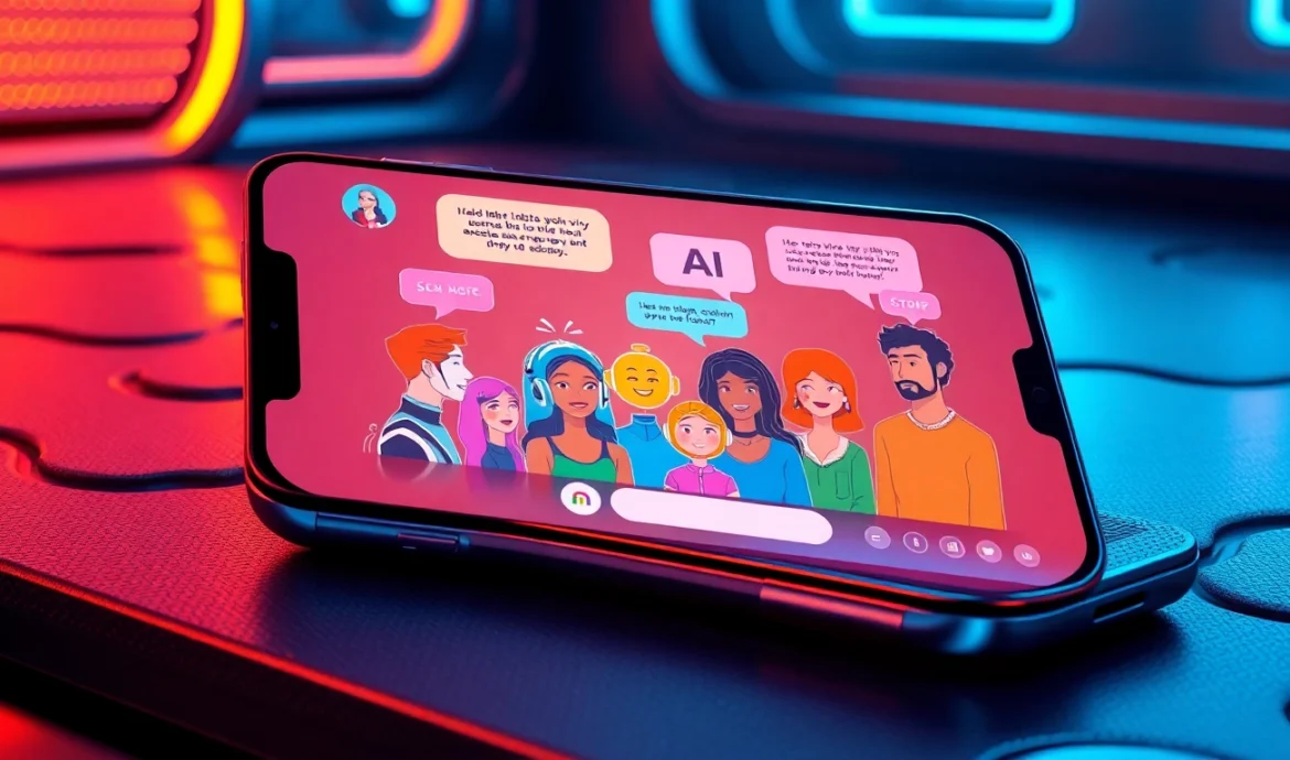 Futuristic digital chat interface with colorful AI characters engaging in conversation on a sleek device screen.