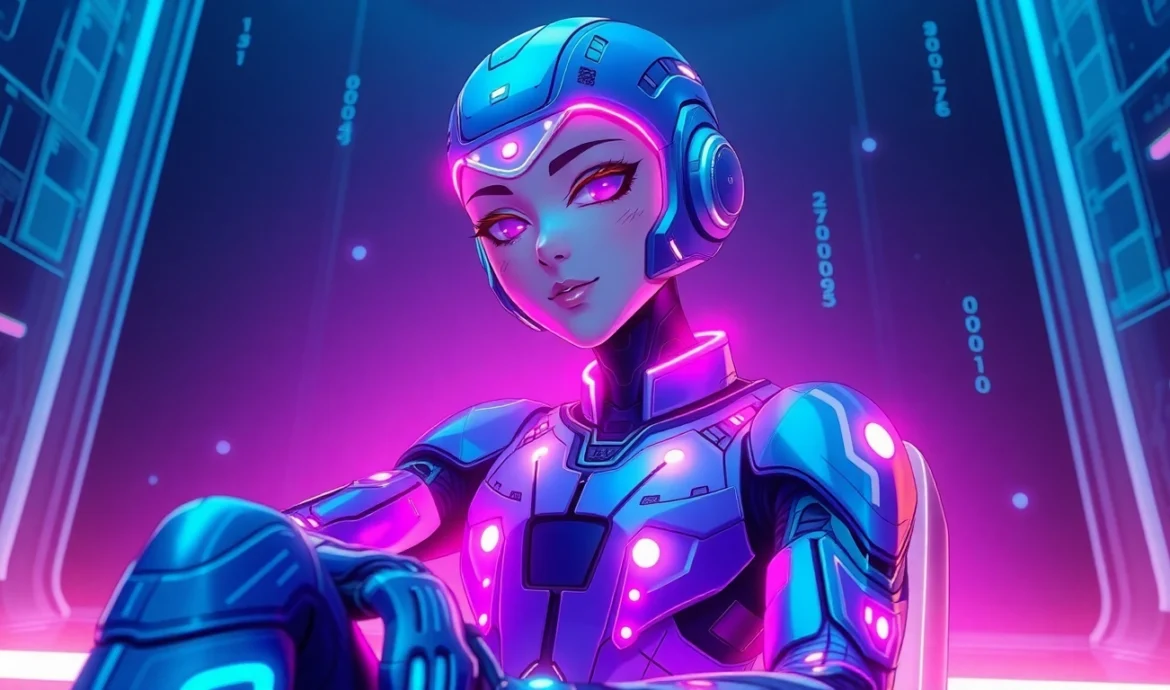 An AI character in a neon-lit digital environment, with holographic interfaces and glowing circuitry, in a cyberpunk-inspired style.