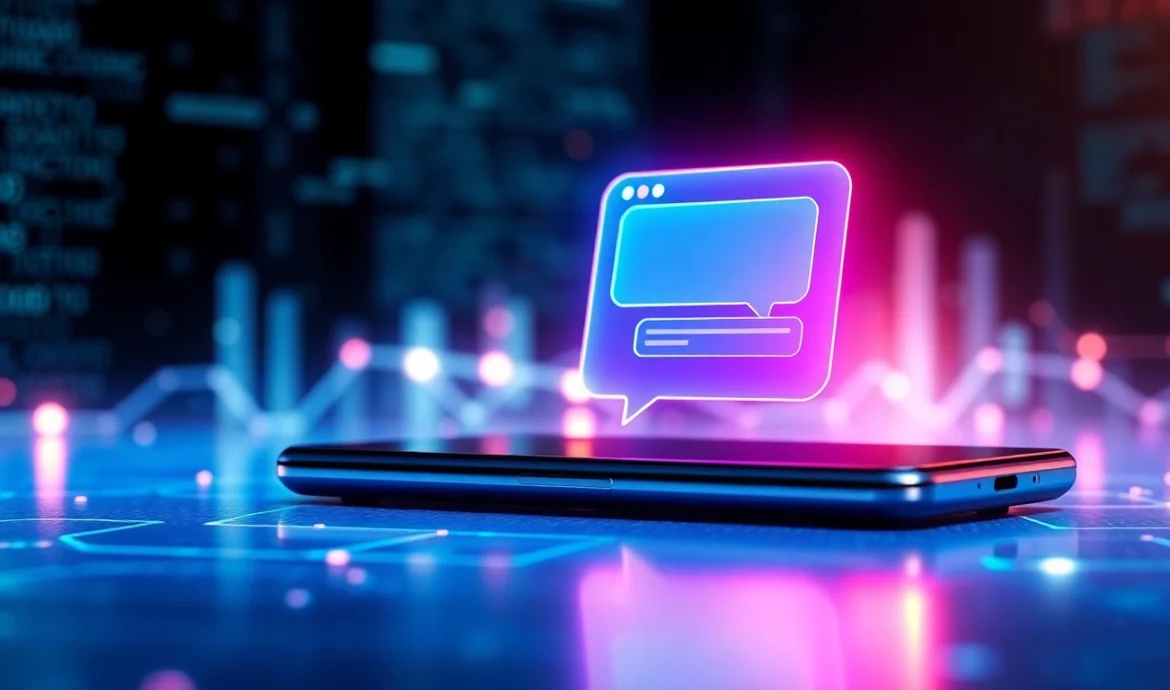 An illustration of a futuristic AI chat interface on a sleek device screen with glowing digital elements and a high-tech background.