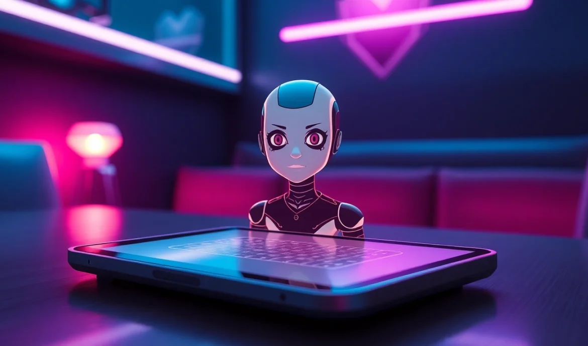 Futuristic AI chatbot interface on a sleek device with an alluring digital avatar in a neon-lit room.