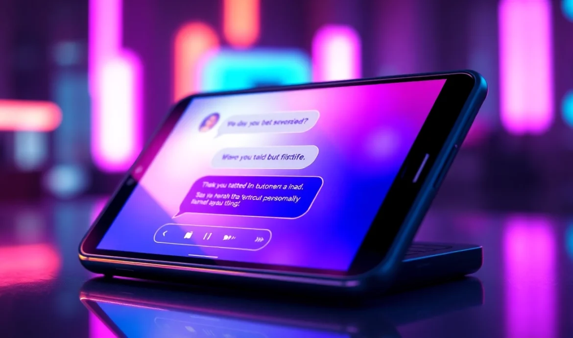 Futuristic digital device showing an AI chat conversation with a customizable character, neon cyberpunk background.