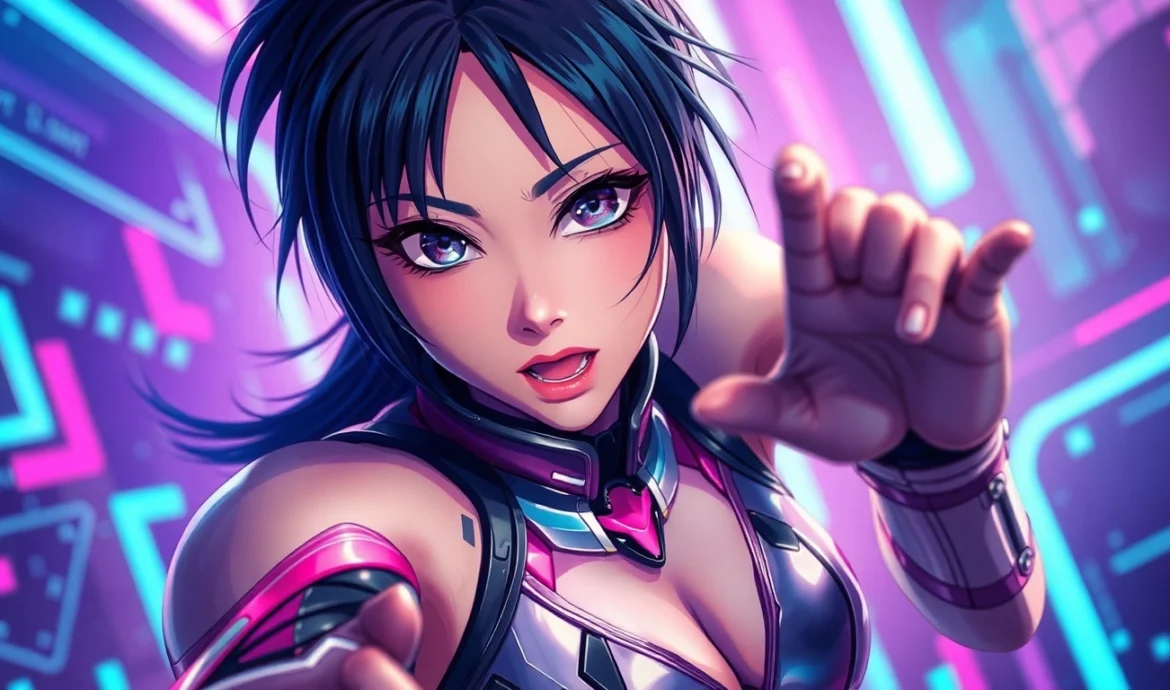 A hyper-realistic anime-style character in a cyberpunk setting with neon lights and textured metallic surfaces.