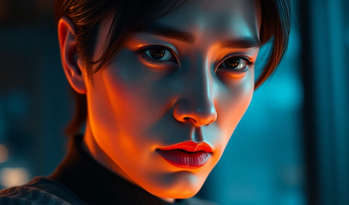 Close-up of an expressive, hyper-realistic adult character with soft lighting and detailed textures in a modern setting
