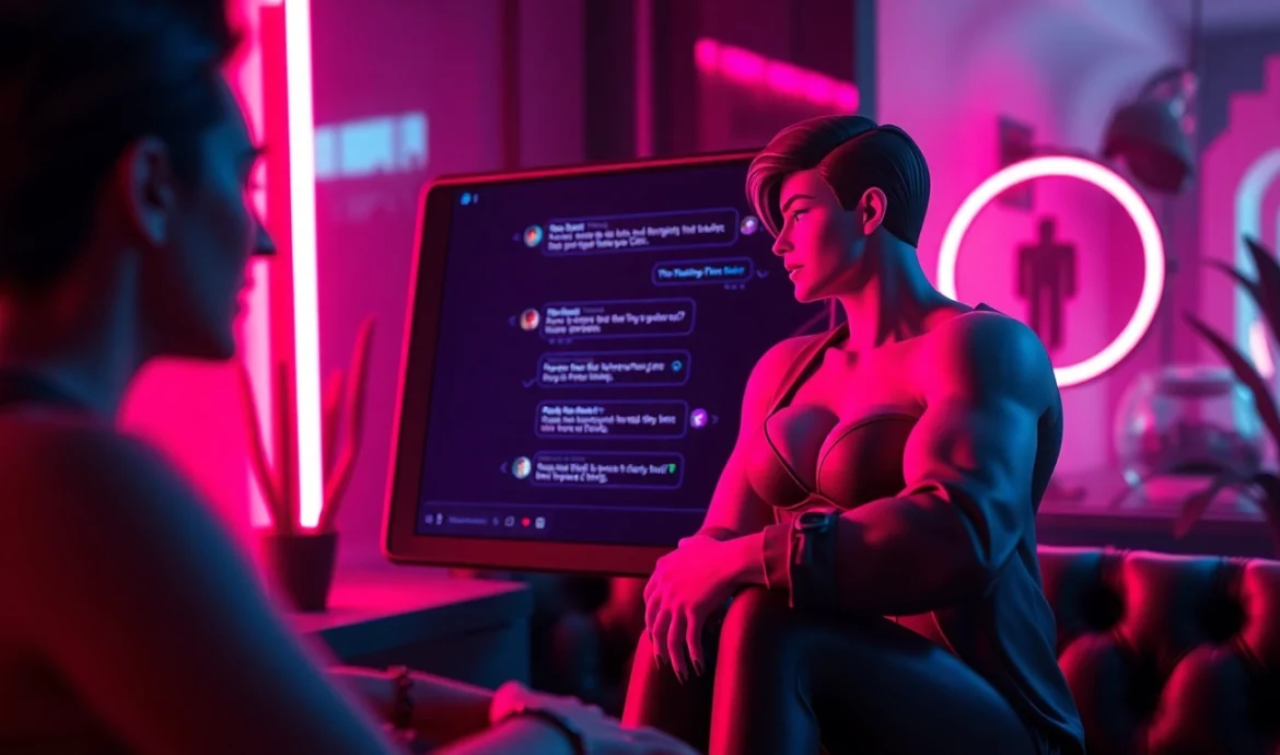 Futuristic digital chat interface with alluring AI characters in a neon-lit room