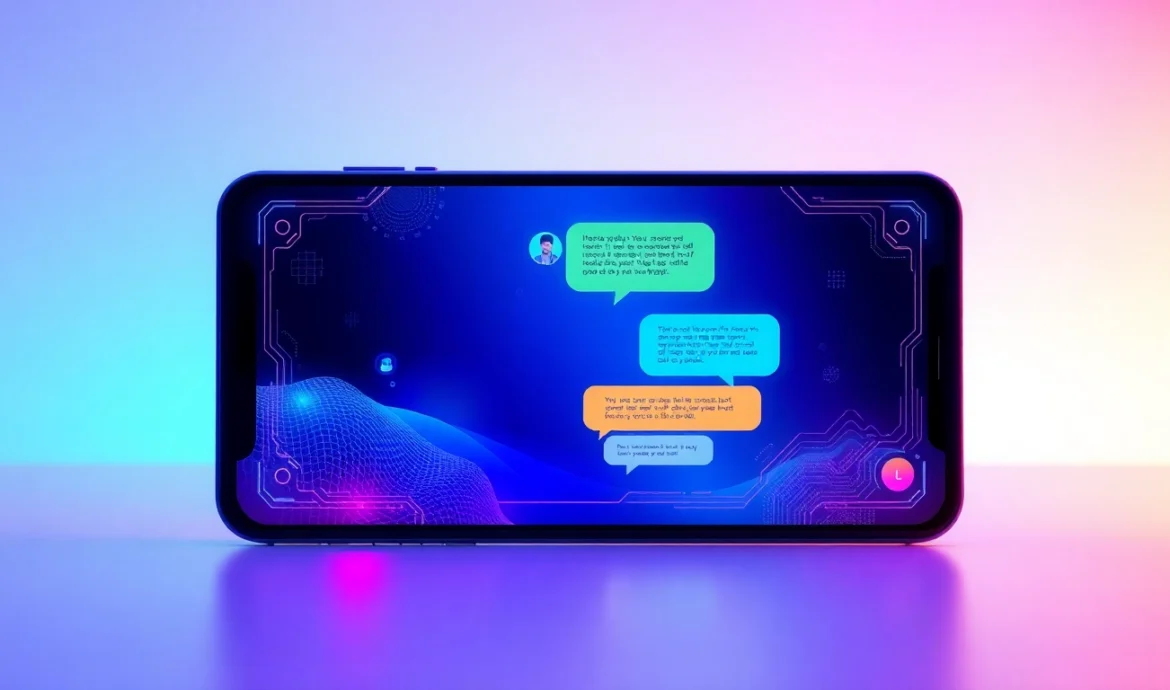 A user engaging in a digital chat with a customizable AI character on a modern device screen with colorful speech bubbles and a futuristic background.