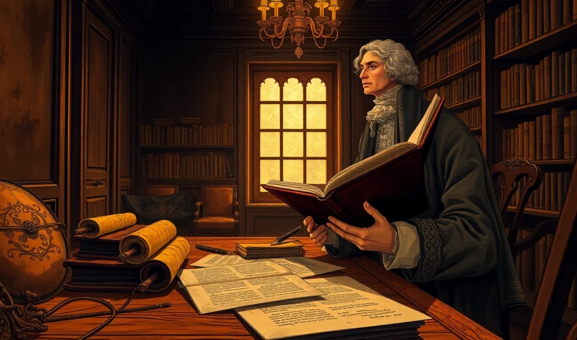 An 18th-century scholar reading in a dimly lit, ornate library with scrolls and manuscripts around him.
