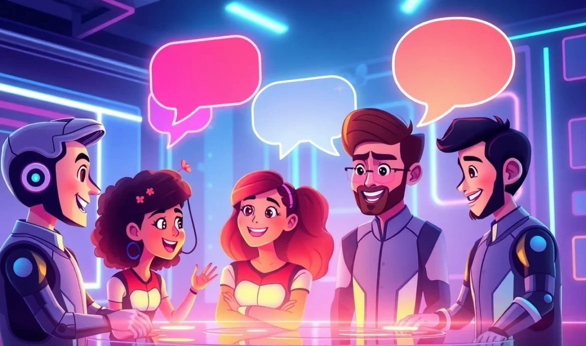 Futuristic digital illustration of AI characters chatting with colorful speech bubbles in a high-tech environment.