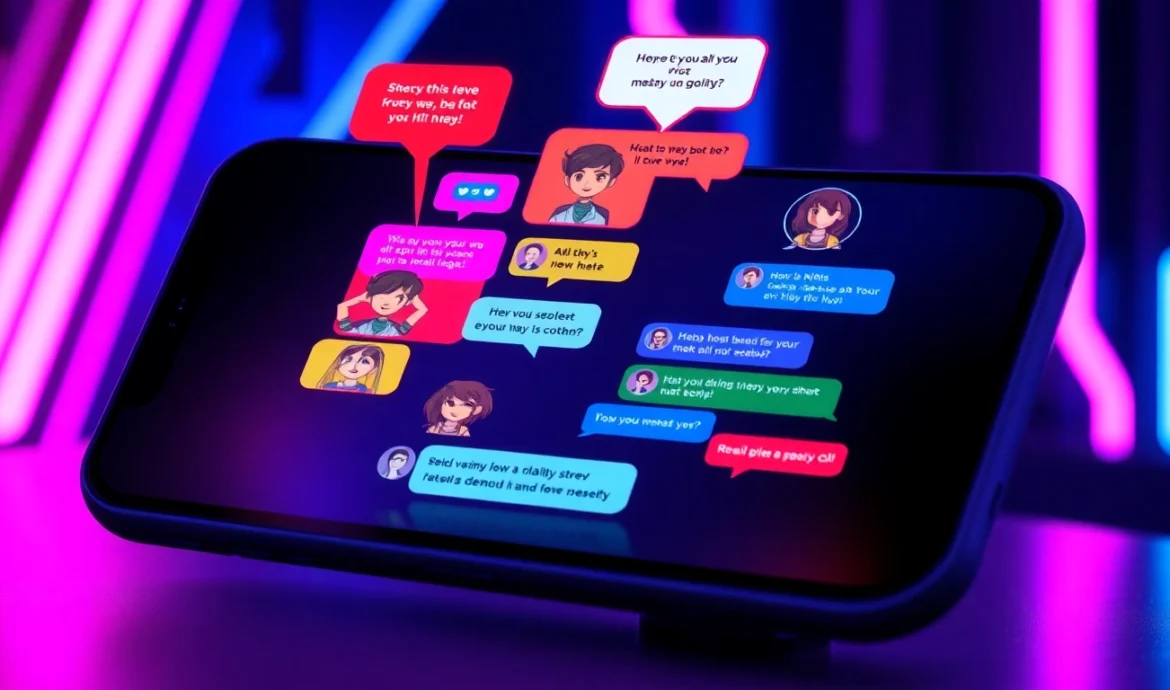 Futuristic chat interface with colorful AI characters and neon accents, depicting spicy NSFW AI conversations.