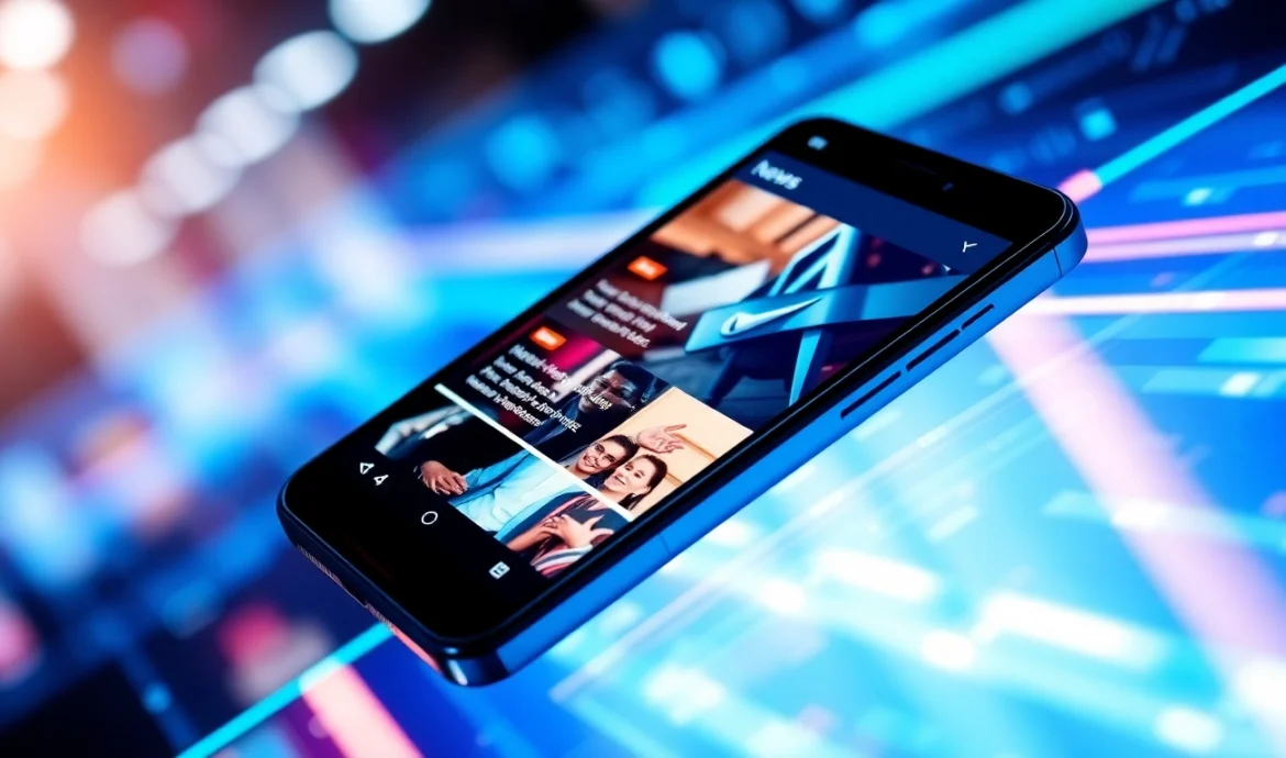 Hands holding a smartphone displaying Apps News headlines on a vibrant digital screen,