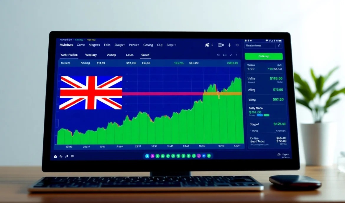 Online Stock Trading UK Digital trading platform with UK flag symbols, users managing