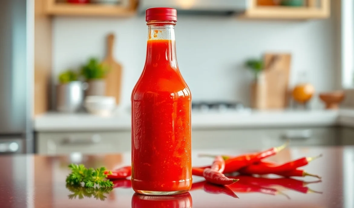 Sweet Chilli Sauce in a glass bottle with fresh chili peppers, highlighting rich red color and