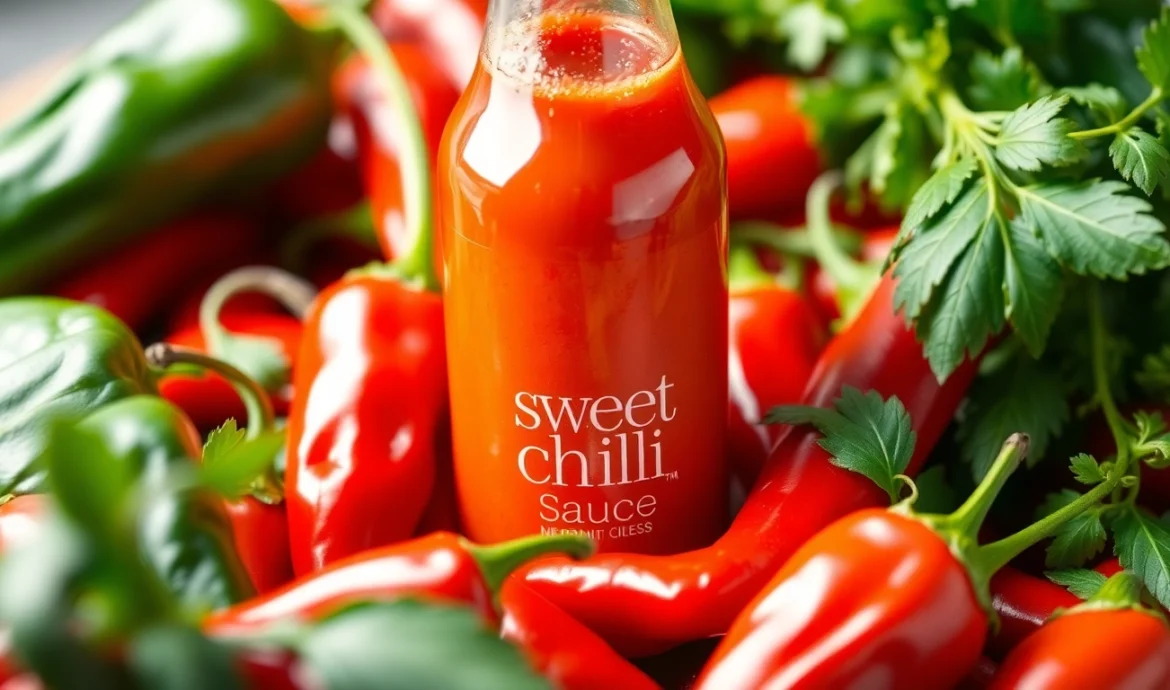 Beautifully packaged Sweet Chilli Sauce with fresh chilies and herbs, highlighting flavor and